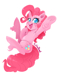 Size: 1721x2199 | Tagged: safe, artist:twitchykismet, pinkie pie, earth pony, pony, armpits, blushing, looking at you, open mouth, simple background, smiling, solo, starry eyes, underhoof, unshorn fetlocks, white background, wingding eyes