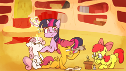 Size: 1920x1080 | Tagged: safe, artist:gmrqor, derpibooru import, apple bloom, scootaloo, sweetie belle, twilight sparkle, twilight sparkle (alicorn), alicorn, pony, twilight time, cutie mark crusaders, female, mare, scene interpretation