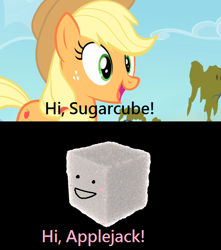 Size: 678x768 | Tagged: safe, applejack, earth pony, pony, comedy, meme, pun, sugarcube