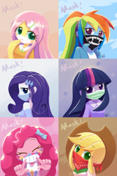 Size: 1000x1500 | Tagged: safe, artist:howxu, derpibooru import, applejack, fluttershy, pinkie pie, rainbow dash, rarity, twilight sparkle, equestria girls, bandana, coronavirus, covid-19, eyes closed, face mask, female, humane five, humane six, looking at you, mask, surgical mask