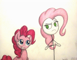 Size: 1336x1042 | Tagged: safe, artist:thefriendlyelephant, pinkie pie, oc, oc only, oc:quantum pinkie, earth pony, pony, smiling, stick figure, traditional art