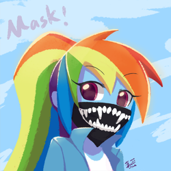 Size: 800x800 | Tagged: safe, artist:howxu, derpibooru import, rainbow dash, equestria girls, coronavirus, covid-19, face mask, female, looking at you, mask, solo