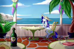 Size: 2250x1500 | Tagged: safe, artist:lorenz3, artist:notaletolivefor, rarity, pony, unicorn, alcohol, cafe, chair, cocktail glass, complex background, digital art, female, hat, mare, martini, martini glass, ocean, olive, solo, table, water, wine