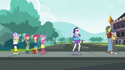 Size: 1920x1080 | Tagged: safe, screencap, apple bloom, diamond tiara, microchips, rarity, sandalwood, scootaloo, sweetie belle, better together, equestria girls, fomo, boots, calling for a taxi, canterlot high, clothes, cutie mark crusaders, drama queen, female, jeans, male, marshmelodrama, nose in the air, open mouth, pants, parking lot, rarity being rarity, shoes, sisters, skirt