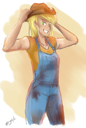 Size: 811x1200 | Tagged: safe, artist:mlp-hearts, applejack, human, armpits, clothes, freckles, grin, humanized, overalls, solo, t-shirt