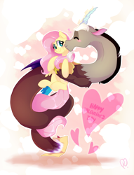 Size: 1464x1918 | Tagged: safe, artist:zlayd-oodles, discord, fluttershy, draconequus, pegasus, pony, cheek squish, cute, discoshy, discute, female, kiss on the cheek, kissing, male, shipping, shyabetes, squishy cheeks, straight, valentine's day