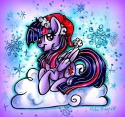 Size: 1506x1407 | Tagged: safe, artist:frostykat13, derpibooru import, twilight sparkle, twilight sparkle (alicorn), alicorn, pony, cloud, female, hat, mare, santa hat, snowflake, solo