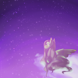 Size: 1024x1024 | Tagged: safe, artist:snowolive, fluttershy, pegasus, pony, cloud, looking away, looking up, night, on a cloud, prone, smiling, solo, starry night, stars, wings
