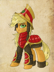 Size: 684x905 | Tagged: safe, artist:pooryorick, part of a set, applejack, earth pony, pony, armor, equestria divided, eyepatch, solo