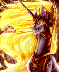 Size: 2236x2683 | Tagged: safe, artist:jinagrey119, daybreaker, princess celestia, alicorn, pony, a royal problem, bust, evil grin, fangs, female, fire, fire pony, grin, gritted teeth, lidded eyes, looking at you, mane of fire, mare, messy mane, pointed ears, portrait, sharp teeth, signature, smiling, solo, speedpaint, teeth, wavy mane