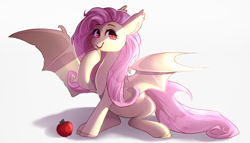 Size: 1587x910 | Tagged: safe, artist:sevedie, fluttershy, bat pony, pony, apple, female, flutterbat, food, hoof on chin, looking at you, open mouth, race swap, simple background, sitting, smiling, solo, spread wings, white background