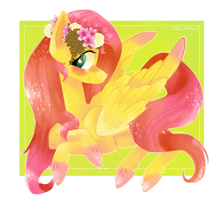 Size: 1000x900 | Tagged: safe, artist:tallykale, fluttershy, pegasus, pony, blushing, colored hooves, colored wings, colored wingtips, crossed hooves, floral head wreath, flower, flower in hair, head turn, looking at you, profile, smiling, solo, unshorn fetlocks