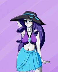 Size: 2000x2500 | Tagged: safe, artist:albertbm, rarity, better together, equestria girls, forgotten friendship, arm behind head, armpits, belly button, clothes, hat, looking at you, midriff, one eye closed, open mouth, sarong, solo, sun hat, swimsuit, wink