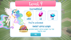 Size: 1280x720 | Tagged: safe, princess celestia, alicorn, pony, coin, ethereal mane, female, game screencap, gameloft, gem, level up, mare, piggy bank, solo