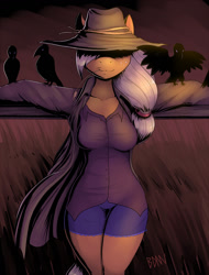 Size: 987x1300 | Tagged: safe, artist:drbdnv, applejack, anthro, crow, :3, applerack, breasts, clothes, female, freckles, glowing eyes, hat, hidden eyes, jacket, scarecrow, shirt, shorts, smiling, solo, spread wings, straw