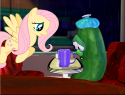 Size: 692x530 | Tagged: safe, fluttershy, pegasus, pony, crossover, feelings, larry the cucumber, sympathy, veggietales