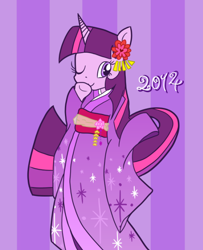 Size: 650x800 | Tagged: safe, artist:minami_um, derpibooru import, twilight sparkle, pony, unicorn, bipedal, clothes, cute, female, kimono (clothing), mare, one eye closed, pixiv, smiling, solo, twiabetes, wink