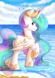 Size: 2480x3507 | Tagged: safe, artist:nana-yuka, princess celestia, alicorn, pony, female, jewelry, looking at you, looking back, looking back at you, mare, raised hoof, regalia, solo, sun, water