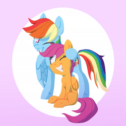 Size: 2102x2092 | Tagged: safe, artist:jimmyjamno1, derpibooru import, rainbow dash, scootaloo, pegasus, pony, backwards cutie mark, circle, cute, cutealoo, female, filly, happy, mare, one eye closed, scootalove, siblings, sisters, smiling, wink