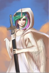 Size: 602x901 | Tagged: safe, artist:zefirayn, princess celestia, anthro, clothes, digital art, female, horn, looking at you, mare, signature, solo, sword, vexel, weapon, wings, wip