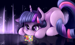Size: 500x300 | Tagged: safe, artist:moeru789, derpibooru import, twilight sparkle, unicorn twilight, unicorn, cute, hilarious in hindsight, rubik's cube, solo, sparkly