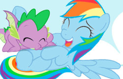 Size: 1080x696 | Tagged: safe, artist:princessdestiny200i, derpibooru import, rainbow dash, spike, dragon, pegasus, pony, base used, blowing, cloud, cute, cuteness overload, eyes closed, female, laughing, lying down, male, on back, rainbowspike, raspberry, shipping, straight, tickling, tongue out, tummy buzz