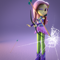 Size: 720x720 | Tagged: safe, artist:efk-san, fluttershy, equestria girls, friendship games, 3d, 3d model, archery, arrow, blender, bow (weapon), bow and arrow, clothes, female, fourth wall, oops, solo, weapon