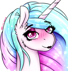 Size: 539x564 | Tagged: safe, artist:aaa-its-spook, princess celestia, alicorn, pony, blushing, canon, eyeshadow, lipstick, looking at you, makeup, princess, smiling, solo