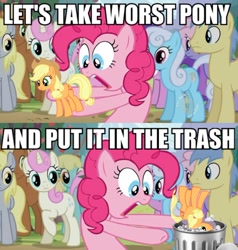 Size: 720x755 | Tagged: safe, applejack, earth pony, pony, drama bait, guaranteed replies, image macro, into the trash it goes, meme, op is a cuck, op is trying to start shit, trash can, worst pony