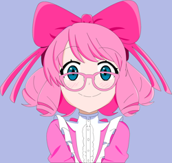 Size: 1344x1272 | Tagged: safe, artist:futuretracer517, pinkie pie, human, alternate hairstyle, bow, clothes, dress, glasses, hair bow, humanized, simple background, solo