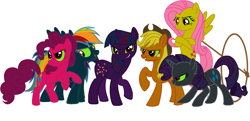 Size: 1610x780 | Tagged: safe, artist:stu-artmcmoy17, derpibooru import, applejack, fluttershy, mean applejack, mean fluttershy, mean pinkie pie, mean rainbow dash, mean rarity, mean twilight sparkle, pinkie pie, rainbow dash, rarity, twilight sparkle, unicorn twilight, earth pony, pegasus, pony, unicorn, the mean 6, appledoom, clone, clone six, clones, cowboy hat, dark magic, darkened coat, darkened hair, darkened hat, darkened items, darkened rope, evil 6, evil applejack, evil clones, evil fluttershy, evil mane six, evil pinkie pie, evil rainbow dash, evil rarity, evil six, evil twilight, fluttercreep, hat, lasso, magic, mane six, pinkie destroyer, rainbow disaster, rarshion, rope, sextet, simple background, sombra eyes, stetson, twilight scream, white background