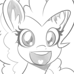 Size: 500x500 | Tagged: dead source, safe, artist:reiduran, pinkie pie, earth pony, pony, bust, grayscale, looking at you, monochrome, open mouth, portrait, simple background, smiling, so fucking happy, solo, white background