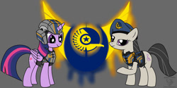 Size: 1024x512 | Tagged: safe, artist:spazzymcnugget, derpibooru import, octavia melody, twilight sparkle, twilight sparkle (alicorn), alicorn, earth pony, pony, armor, crossover, female, logo, mare, new conglomerate, planetside 2, science fiction, vector, video game