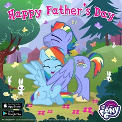 Size: 1080x1080 | Tagged: safe, derpibooru import, bow hothoof, rainbow dash, butterfly, pegasus, pony, rabbit, animal, cute, dashabetes, eyes closed, father and child, father and daughter, father's day, female, gameloft, happy, hug, male, my little pony logo, official, parent and child, winghug