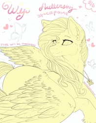 Size: 1005x1280 | Tagged: safe, artist:serenity, fluttershy, butterfly, pegasus, pony, cute, ear fluff, eyelashes, feather, female, head turn, heart, jewelry, looking back, necklace, pretty, print, shyabetes, solo, speedpaint, spread wings, wings, wip
