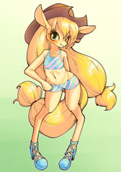 Size: 2039x2894 | Tagged: safe, artist:unousaya, applejack, anthro, unguligrade anthro, belly button, bikini, clothes, grin, midriff, solo, swimsuit