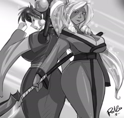 Size: 2333x2217 | Tagged: safe, artist:shonuff44, princess celestia, princess luna, human, anime, big breasts, breasts, cleavage, clothes, crossover, grayscale, humanized, imperial guard, monochrome, princess balloona, princess breastia, royal sisters, saber marionette j