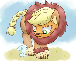 Size: 1280x1024 | Tagged: safe, artist:gamijack, angel bunny, applejack, earth pony, pony, >:3, applelion, clothes, costume