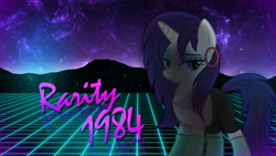 Size: 3475x1955 | Tagged: safe, artist:bastbrushie, artist:lazypixel, artist:vbastv, derpibooru import, edit, rarity, pony, unicorn, 80s, ear piercing, earring, grid, jewelry, neon, night, outrun, piercing, solo, wallpaper, wallpaper edit