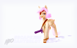 Size: 4093x2560 | Tagged: safe, artist:brainflowcrash, fluttershy, pegasus, pony, absurd resolution, alternate hairstyle, alternate universe, cyberpunk, eyepatch, folded wings, gun, lidded eyes, looking at you, solo, standing, title, weapon