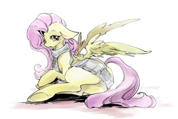 Size: 2000x1347 | Tagged: safe, artist:kuzumori, fluttershy, pegasus, pony, backless, blushing, clothes, female, flutterbutt, open-back sweater, plot, sleeveless sweater, solo, sweater, sweatershy, virgin killer sweater