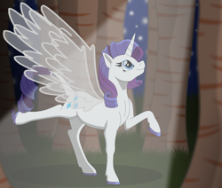 Size: 9389x7950 | Tagged: safe, artist:faitheverlasting, rarity, alicorn, pony, alicornified, artificial wings, augmented, colored hooves, forest, leonine tail, magic, magic wings, night, night sky, race swap, raricorn, sky, solo, tree, wings