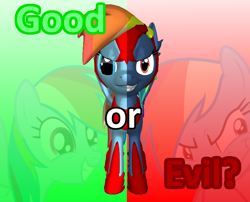 Size: 800x647 | Tagged: safe, derpibooru import, evil pie hater dash, rainbow dash, pegasus, pony, secrets and pies, 3d, 3d pony creator, crossover, evil, front view, game crossover, good, good vs evil, gradient, green, mega man zero, megaman zero, mlp megaman zero crossover, mlp:fim, omega rainbow dash, omega zero, red, zero