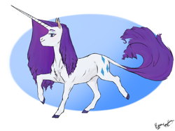 Size: 2732x2048 | Tagged: safe, artist:penrosa, rarity, pony, unicorn, abstract background, alternate hairstyle, chest fluff, cloven hooves, cutie mark, female, leonine tail, lidded eyes, long hair, long horn, mare, raised hoof, solo, walking