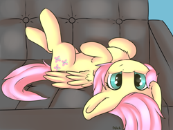 Size: 4000x3000 | Tagged: safe, artist:dbleki, fluttershy, pegasus, pony, behaving like a cat, behaving like a dog, chest fluff, cute, ear fluff, fluffy, fluffyball, happy, looking at you, lying, on back, shyabetes, smiling, sofa, solo, wing fluff