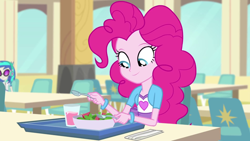 Size: 1280x720 | Tagged: safe, screencap, dj pon-3, pinkie pie, vinyl scratch, equestria girls, pinkie on the one, rainbow rocks, cup, food, fork, salad, solo focus, spoon