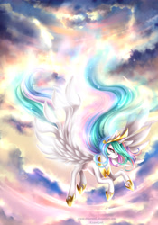 Size: 3000x4286 | Tagged: safe, artist:evanrank, princess celestia, alicorn, pony, cloud, female, flying, glow, mare, praise the sun, sun