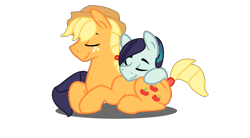 Size: 1561x861 | Tagged: safe, artist:glittery-bases, artist:t-mack56, applejack, applejack (male), coloratura, tessiture, earth pony, pony, base used, cuddling, eyes closed, gay, male, rara, rarajack, rule 63, shipping, snuggling, tessijack