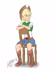 Size: 1494x1996 | Tagged: safe, artist:pwnagespartan, applejack, human, chair, humanized, sitting, solo