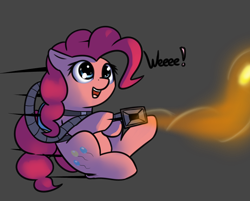 Size: 1280x1031 | Tagged: safe, artist:neuro, pinkie pie, earth pony, pony, cute, diapinkes, flying, gray background, luigi's mansion, open mouth, poltergust 5000, silly, simple background, solo, vacuum cleaner, wheeeee